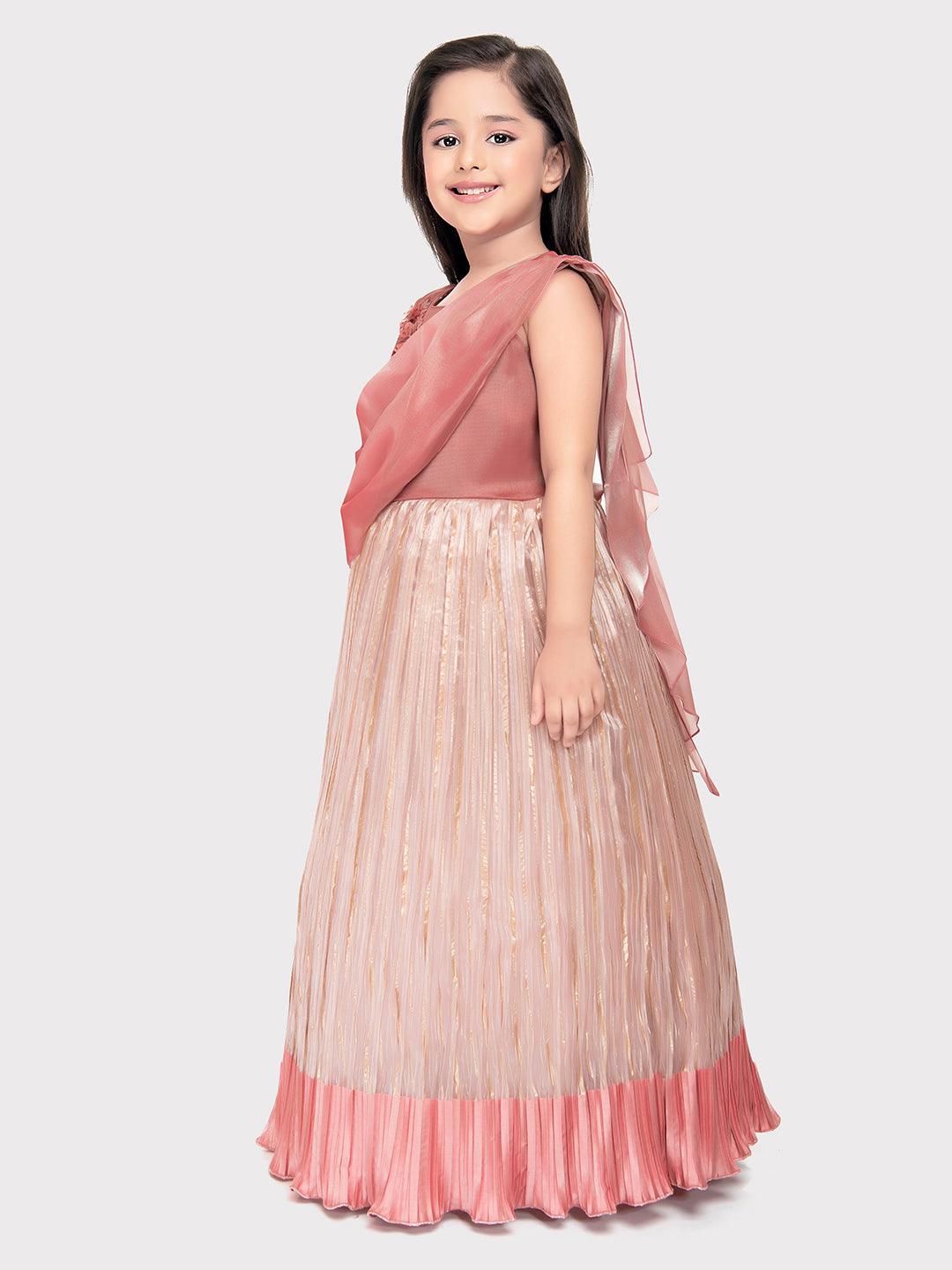 Carrot Coloured Simple Attached Dupatta Style Ethnic Wear Gown For Girls - Betty Ethnic India - Gown - Betty Girls Wear Online