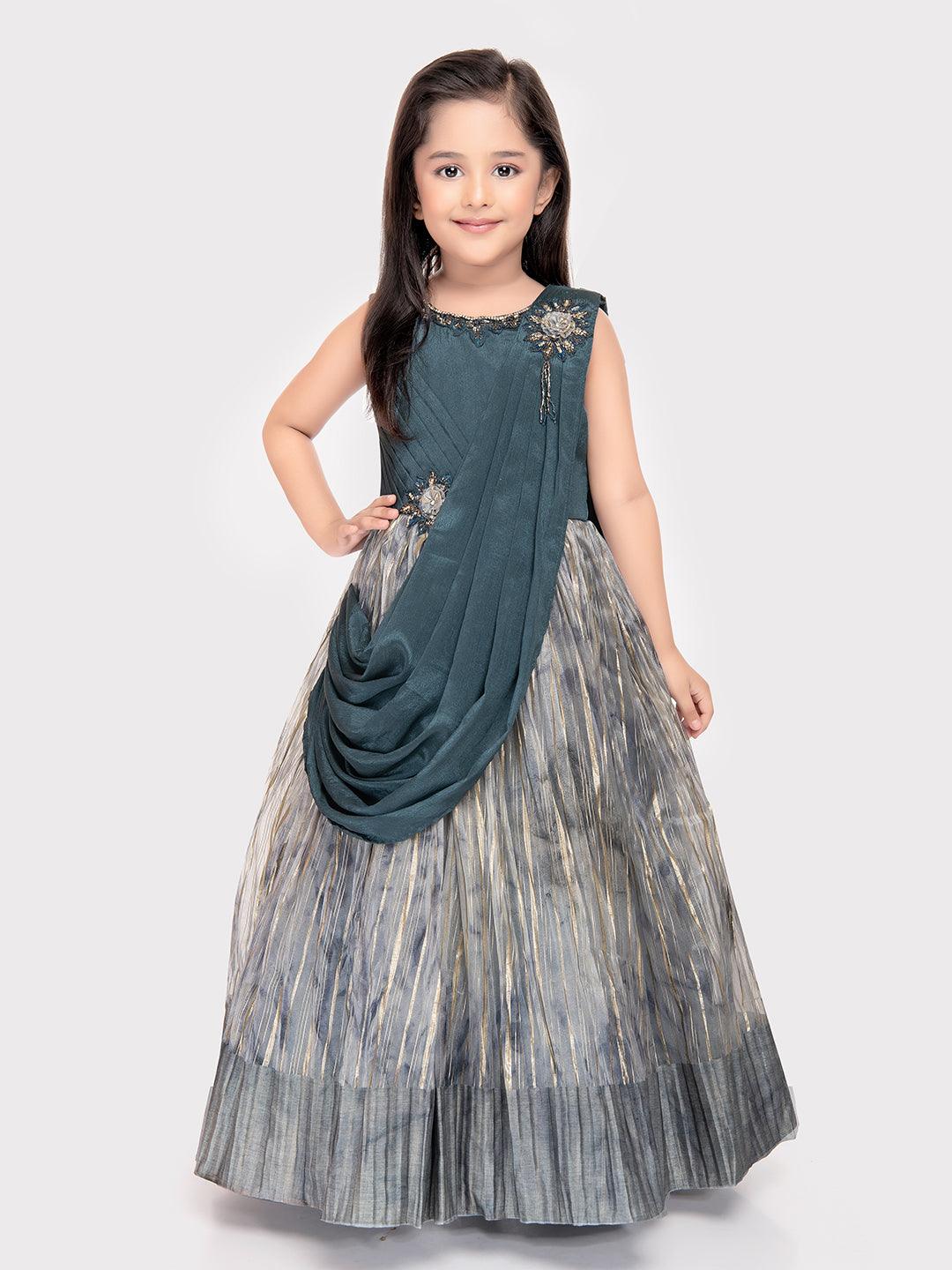 Grey Coloured Simple Dupatta Style Ethnic Wear Gown For Girls \ Party Wear Gown For Girls - Betty Ethnic India - Gown - Betty Girls Wear Online