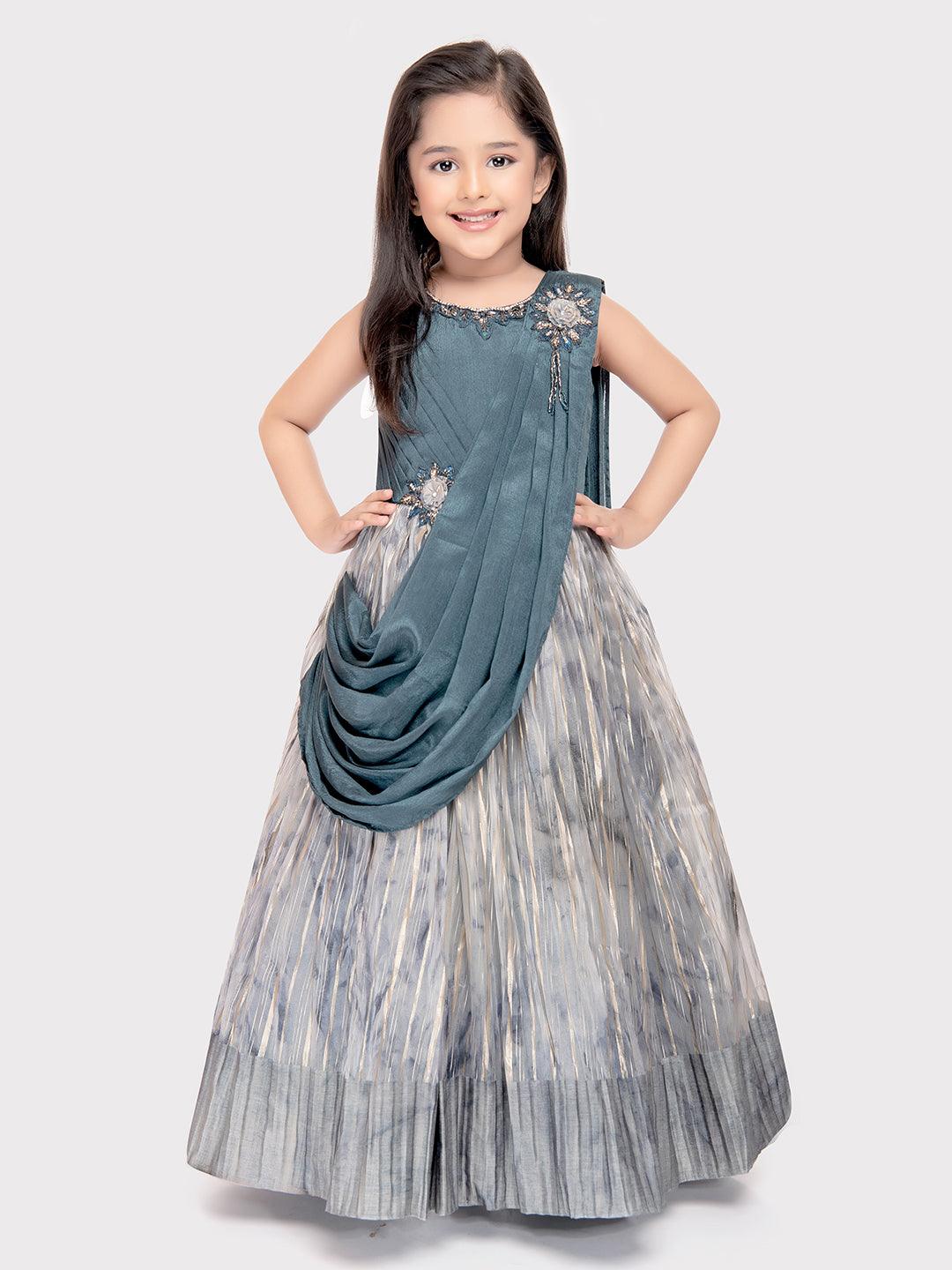 Grey Coloured Simple Dupatta Style Ethnic Wear Gown For Girls \ Party Wear Gown For Girls - Betty Ethnic India - Gown - Betty Girls Wear Online