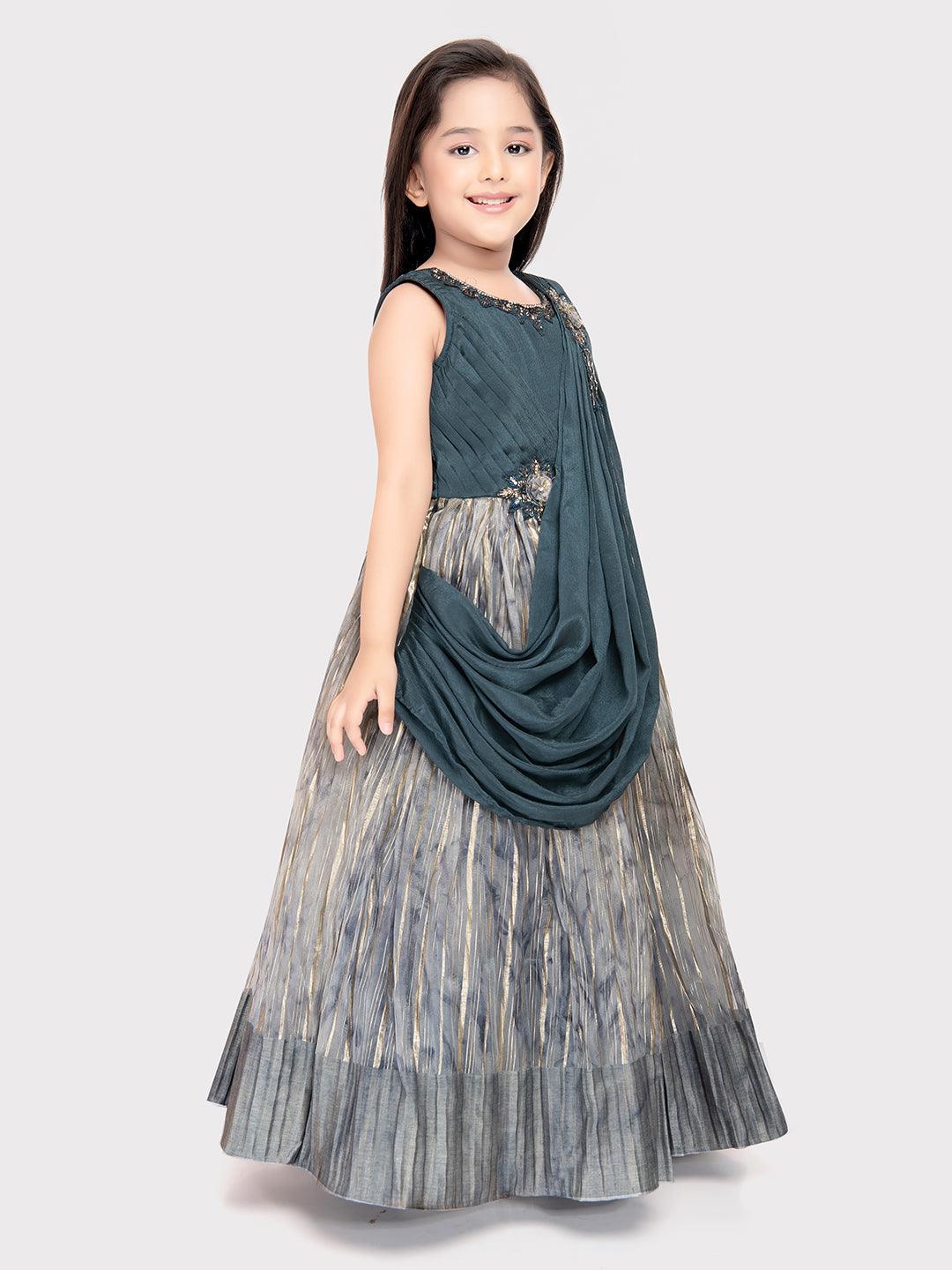 Grey Coloured Simple Dupatta Style Ethnic Wear Gown For Girls \ Party Wear Gown For Girls - Betty Ethnic India - Gown - Betty Girls Wear Online