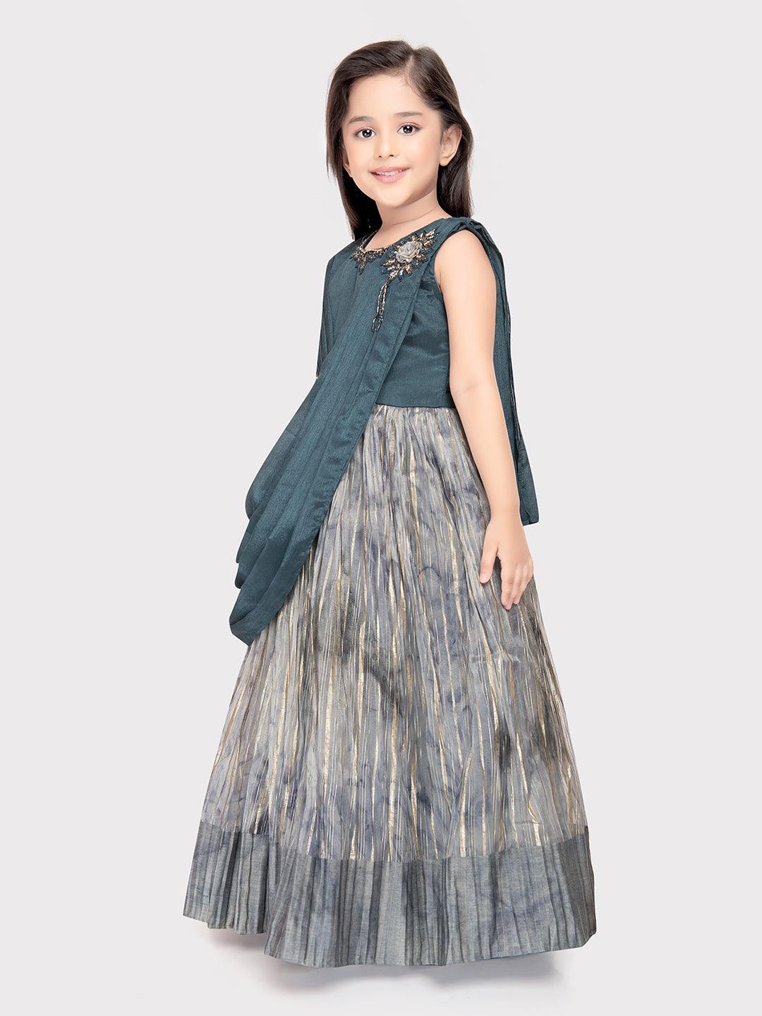 Grey Coloured Simple Dupatta Style Ethnic Wear Gown For Girls \ Party Wear Gown For Girls - Betty Ethnic India - Gown - Betty Girls Wear Online