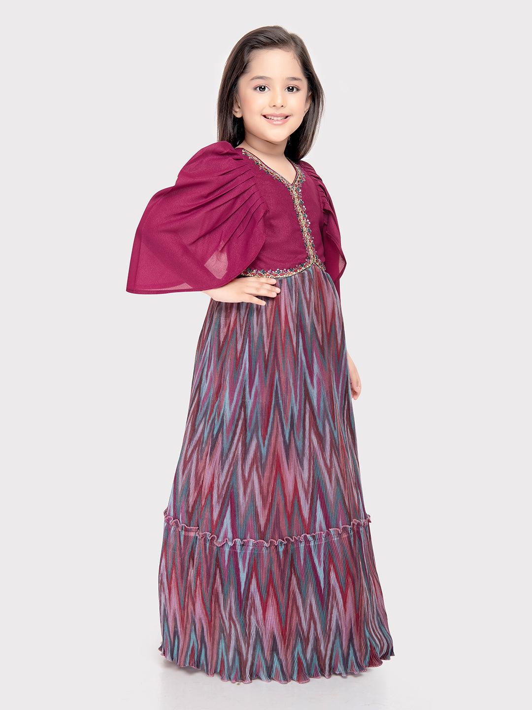 Magenta Coloured Butterfly Style Sleeves Hand Embroidery Fancy Gown For Girls - Betty Ethnic India - Gown - Betty Girls Wear Online