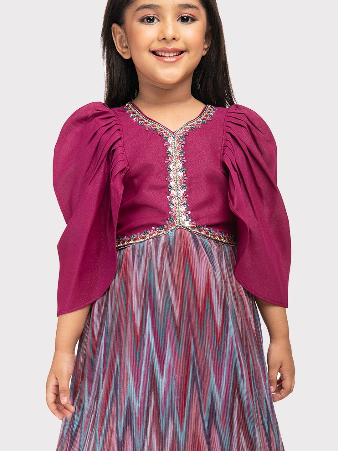 Magenta Coloured Butterfly Style Sleeves Hand Embroidery Fancy Gown For Girls - Betty Ethnic India - Gown - Betty Girls Wear Online