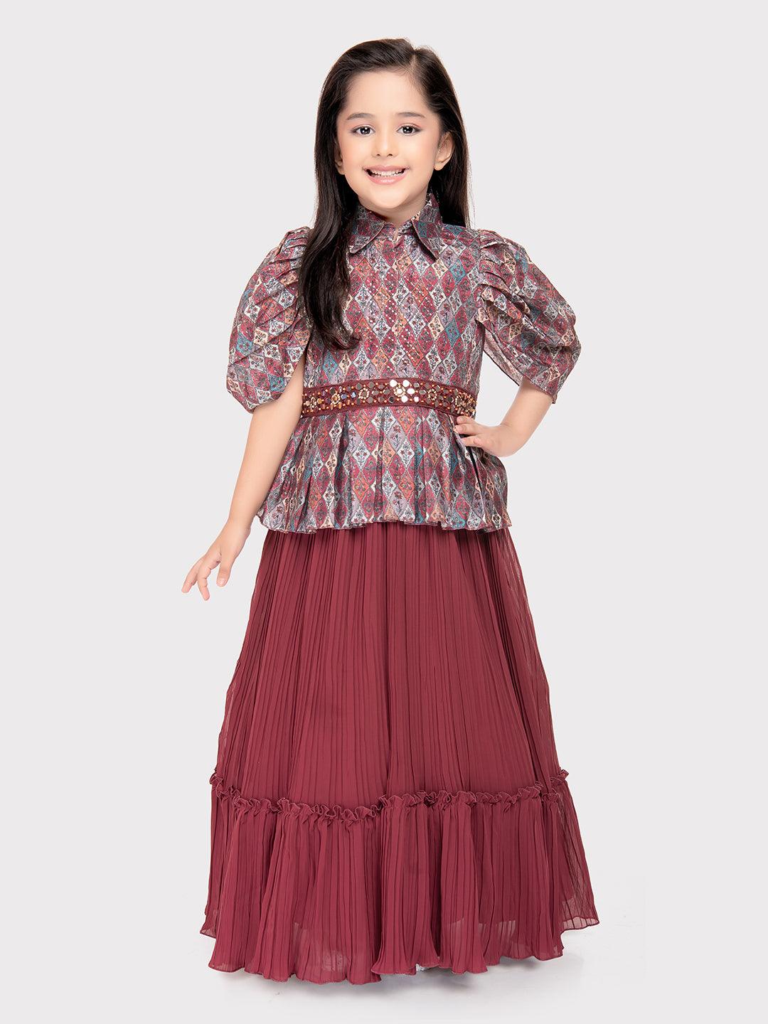 Rosewood Coloured Imported Gown For Girls\ Fancy Sleeves Concept Gown For Girls - Betty Ethnic India - Gown - Betty Girls Wear Online