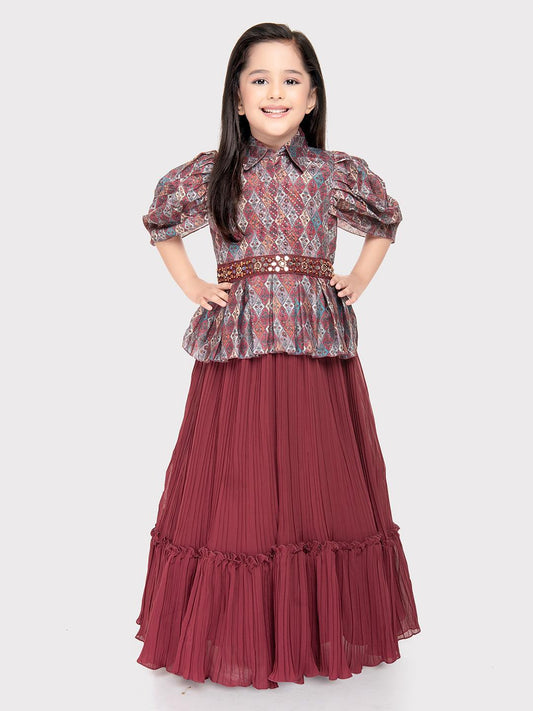 Rosewood Coloured Imported Gown For Girls\ Fancy Sleeves Concept Gown For Girls - Betty Ethnic India - Gown - Betty Girls Wear Online