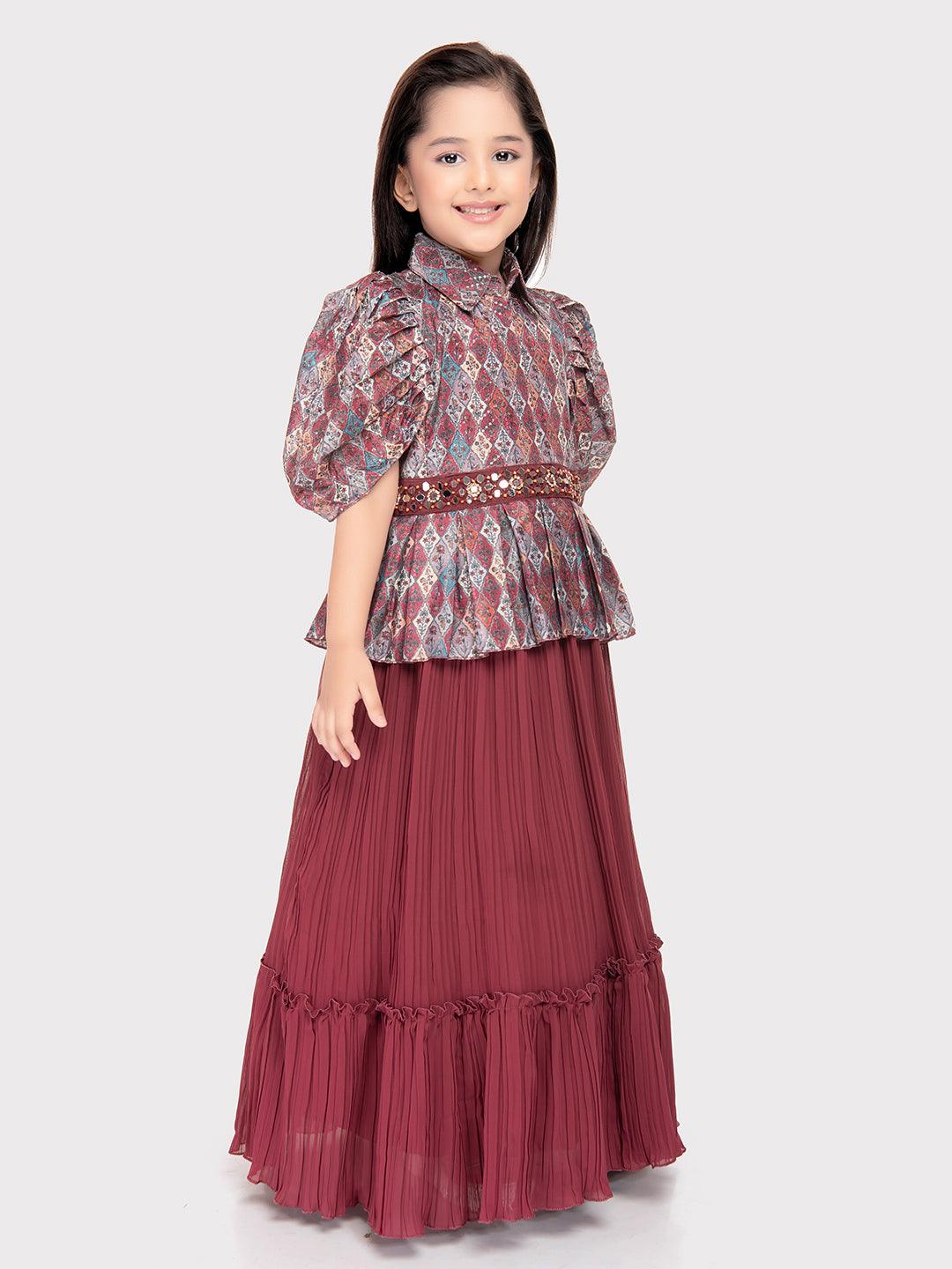 Rosewood Coloured Imported Gown For Girls\ Fancy Sleeves Concept Gown For Girls - Betty Ethnic India - Gown - Betty Girls Wear Online