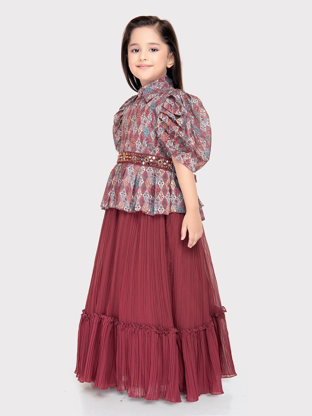 Rosewood Coloured Imported Gown For Girls\ Fancy Sleeves Concept Gown For Girls - Betty Ethnic India - Gown - Betty Girls Wear Online