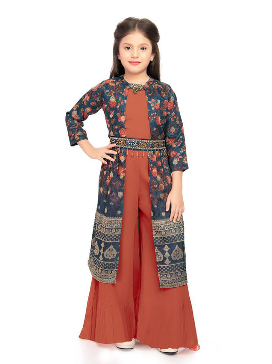 Girls Round Neck Top And Orange Palazzos With Fancy Printed Shrug & Hand Embroidery Ethnic Belt - Betty Ethnic India - Gharara / Sharara Set - Betty Girls Wear Online