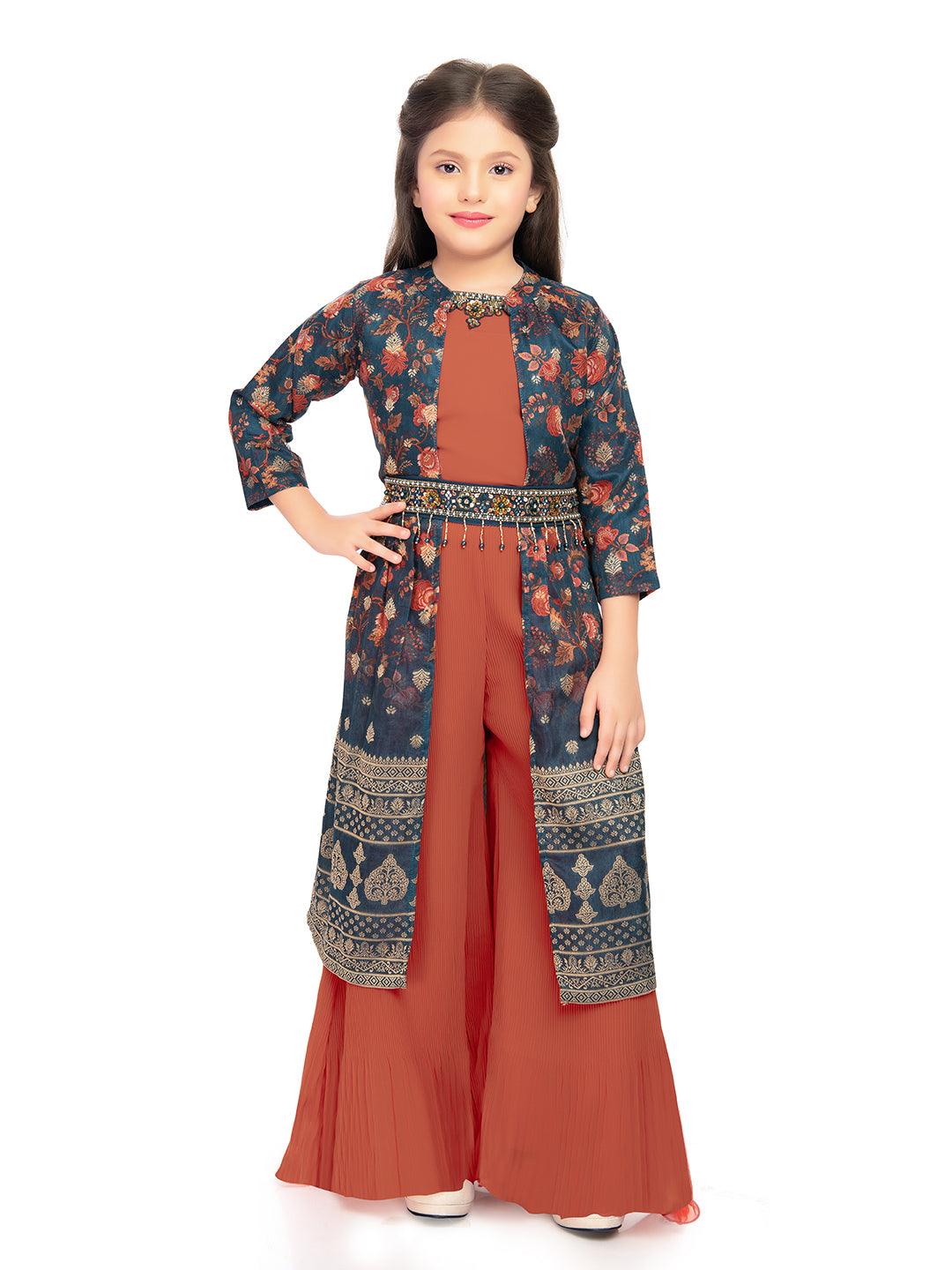 Girls Round Neck Top And Orange Palazzos With Fancy Printed Shrug & Hand Embroidery Ethnic Belt - Betty Ethnic India - Gharara / Sharara Set - Betty Girls Wear Online