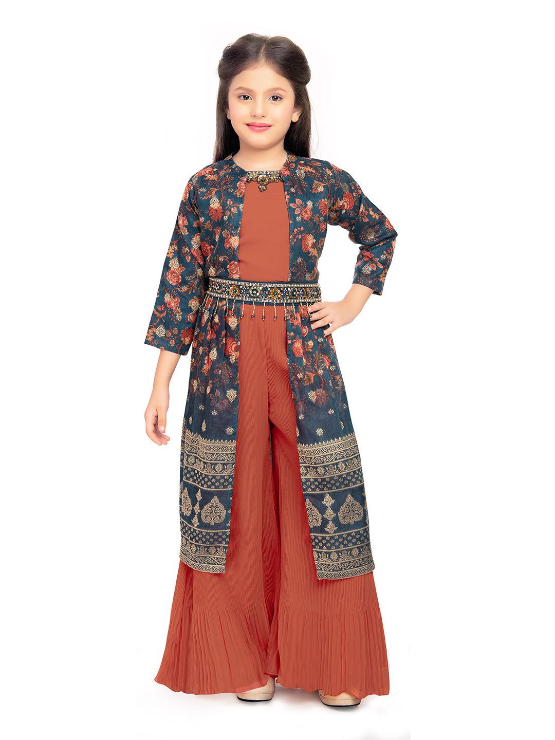 Girls Round Neck Top And Orange Palazzos With Fancy Printed Shrug & Hand Embroidery Ethnic Belt - Betty Ethnic India - Gharara / Sharara Set - Betty Girls Wear Online