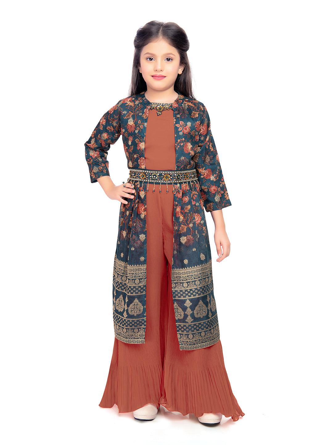 Girls Round Neck Top And Orange Palazzos With Fancy Printed Shrug & Hand Embroidery Ethnic Belt - Betty Ethnic India - Gharara / Sharara Set - Betty Girls Wear Online