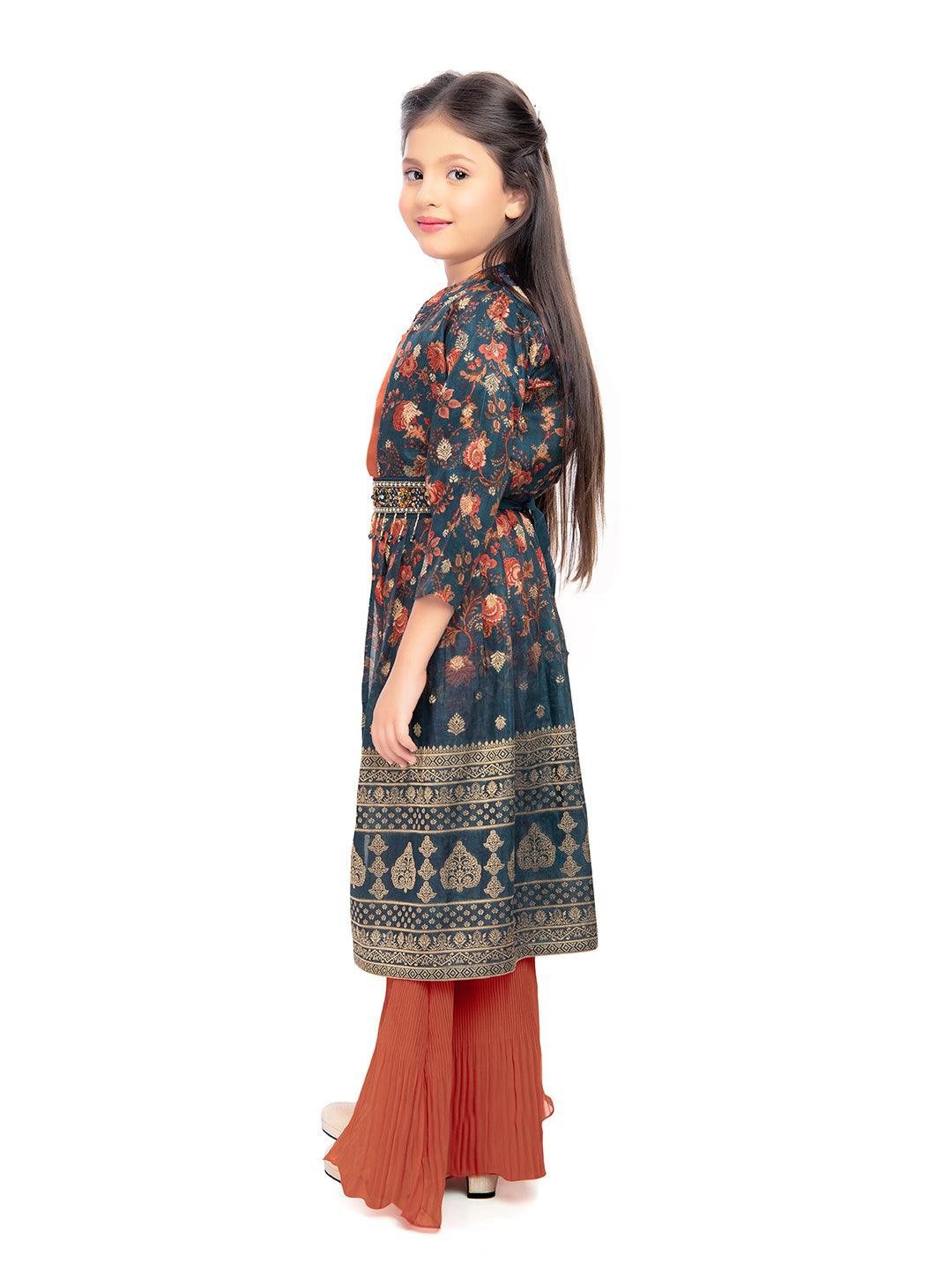 Girls Round Neck Top And Orange Palazzos With Fancy Printed Shrug & Hand Embroidery Ethnic Belt - Betty Ethnic India - Gharara / Sharara Set - Betty Girls Wear Online