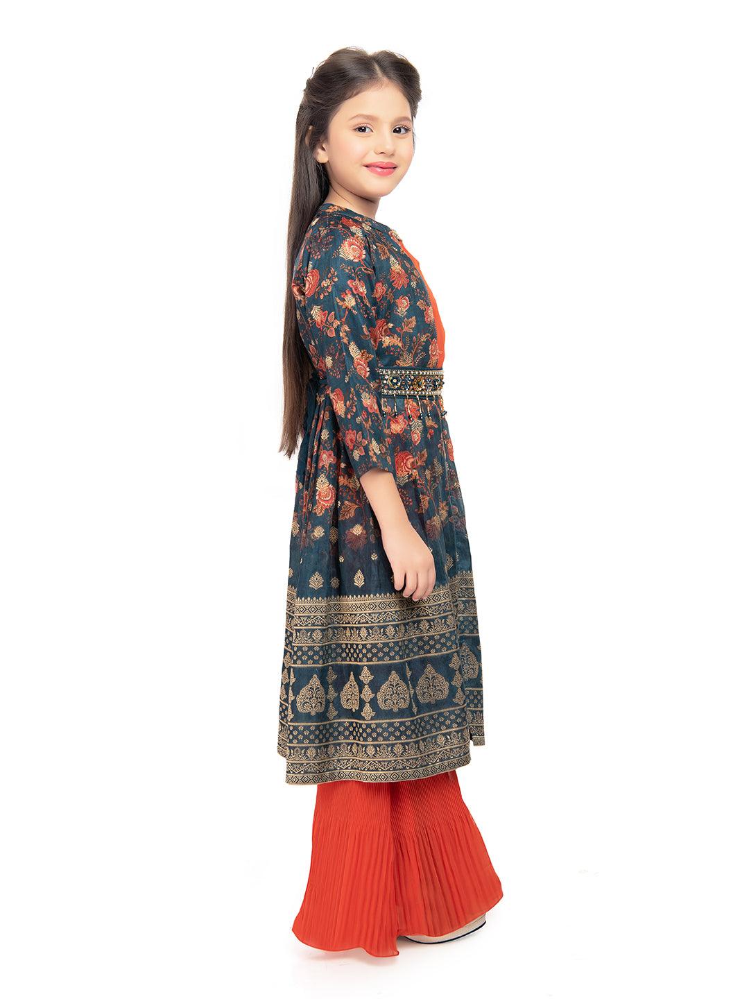 Girls Round Neck Top And Orange Palazzos With Fancy Printed Shrug & Hand Embroidery Ethnic Belt - Betty Ethnic India - Gharara / Sharara Set - Betty Girls Wear Online