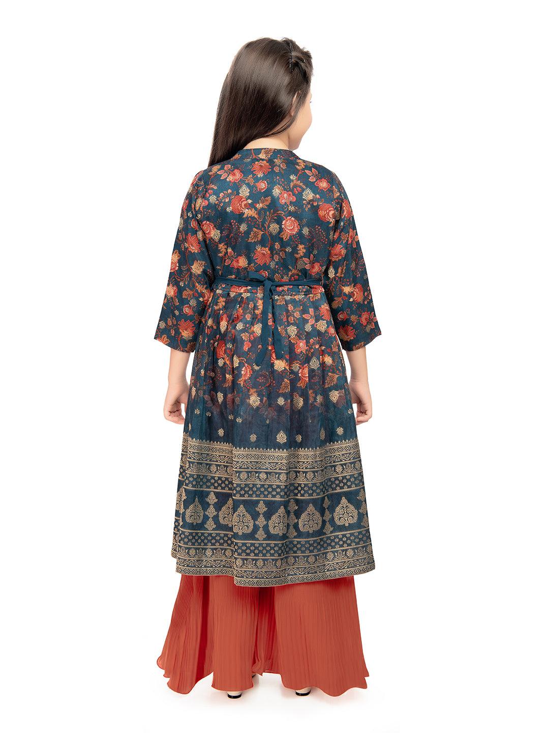 Girls Round Neck Top And Orange Palazzos With Fancy Printed Shrug & Hand Embroidery Ethnic Belt - Betty Ethnic India - Gharara / Sharara Set - Betty Girls Wear Online