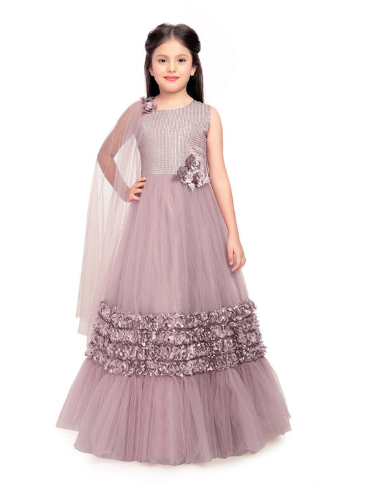 One Side Sleeves Trendy Look Orchid Coloured Gown For Girl - Betty Ethnic India - Gown - Betty Girls Wear Online