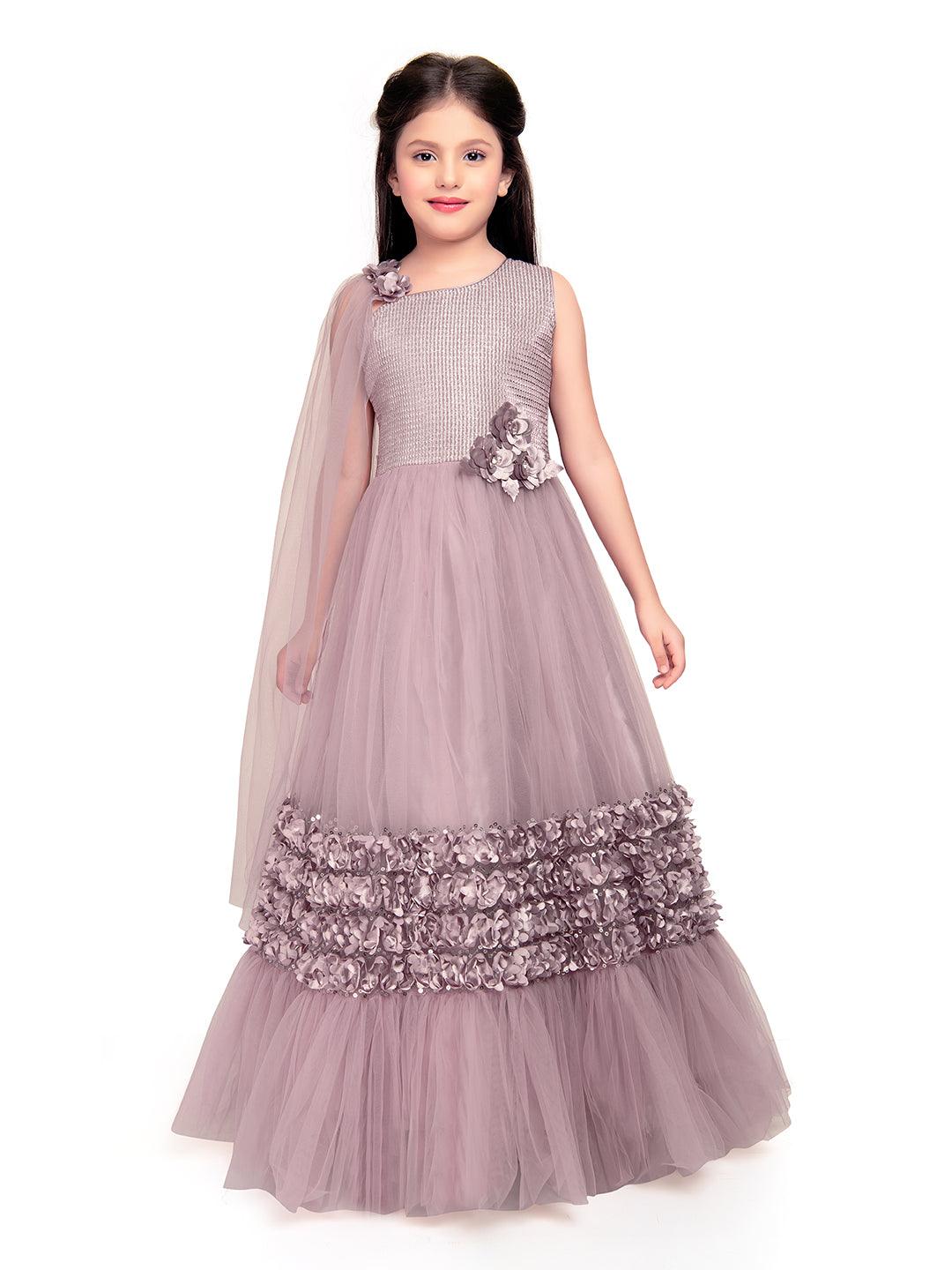 One Side Sleeves Trendy Look Orchid Coloured Gown For Girl - Betty Ethnic India - Gown - Betty Girls Wear Online