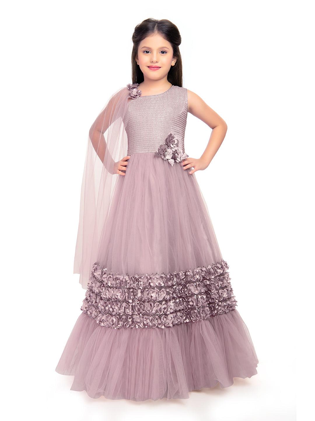 One Side Sleeves Trendy Look Orchid Coloured Gown For Girl - Betty Ethnic India - Gown - Betty Girls Wear Online