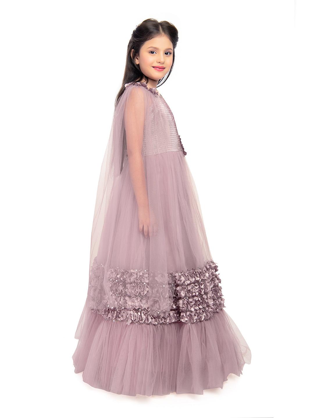 One Side Sleeves Trendy Look Orchid Coloured Gown For Girl - Betty Ethnic India - Gown - Betty Girls Wear Online