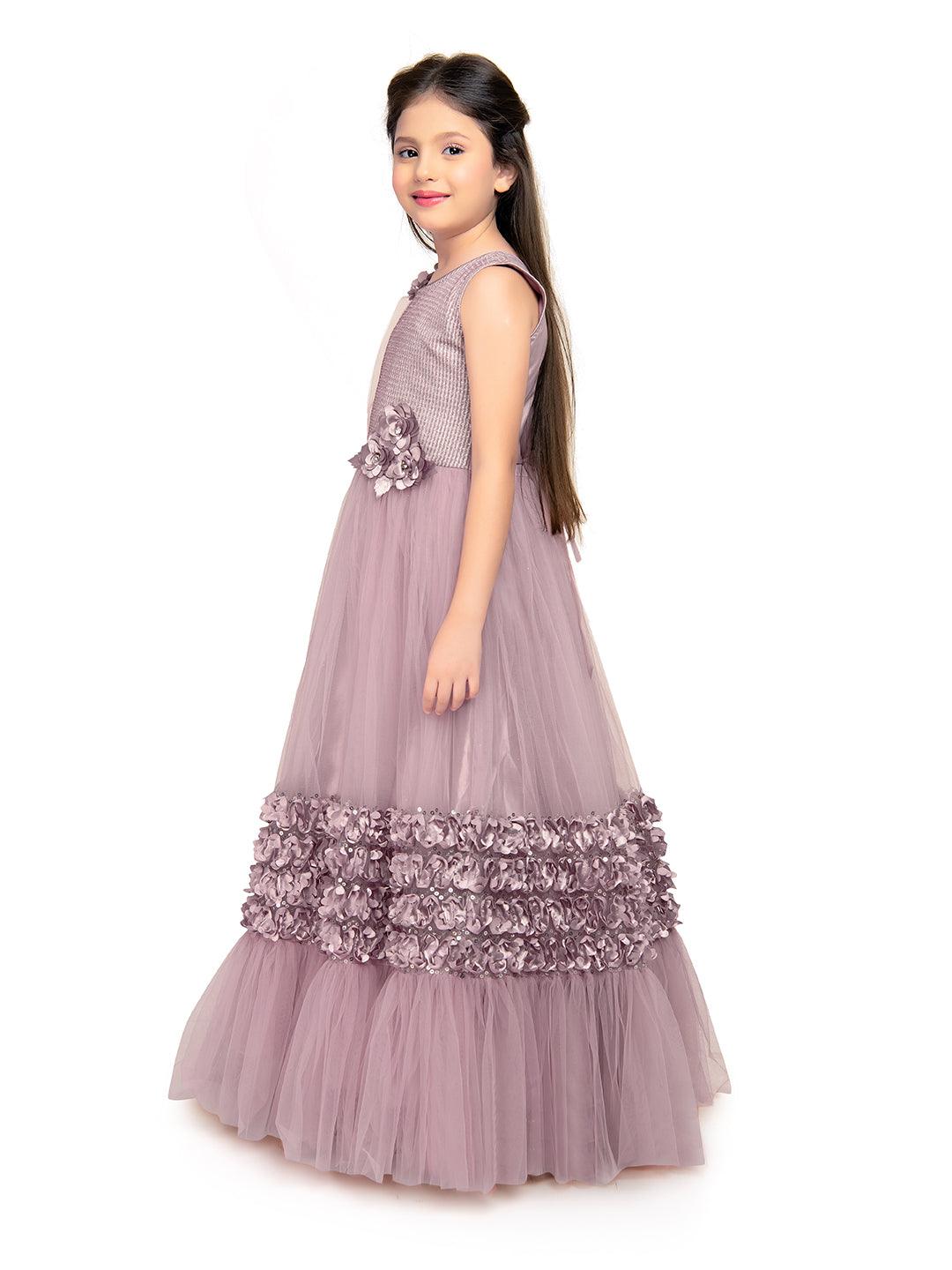 One Side Sleeves Trendy Look Orchid Coloured Gown For Girl - Betty Ethnic India - Gown - Betty Girls Wear Online