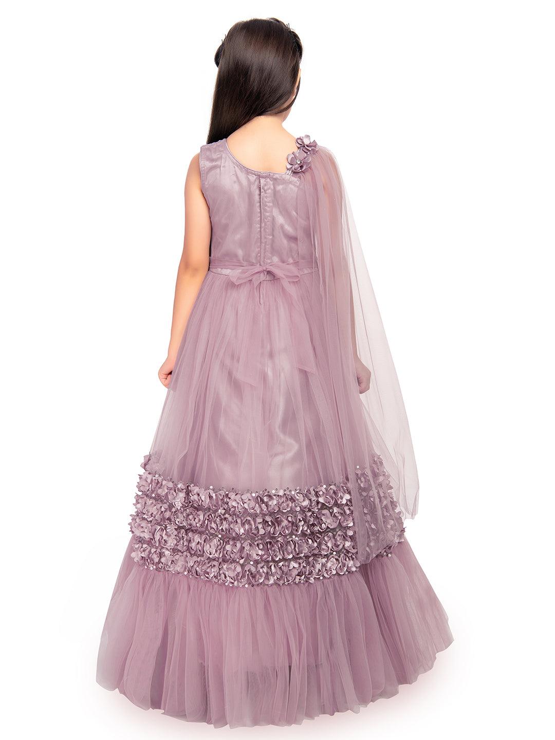 One Side Sleeves Trendy Look Orchid Coloured Gown For Girl - Betty Ethnic India - Gown - Betty Girls Wear Online