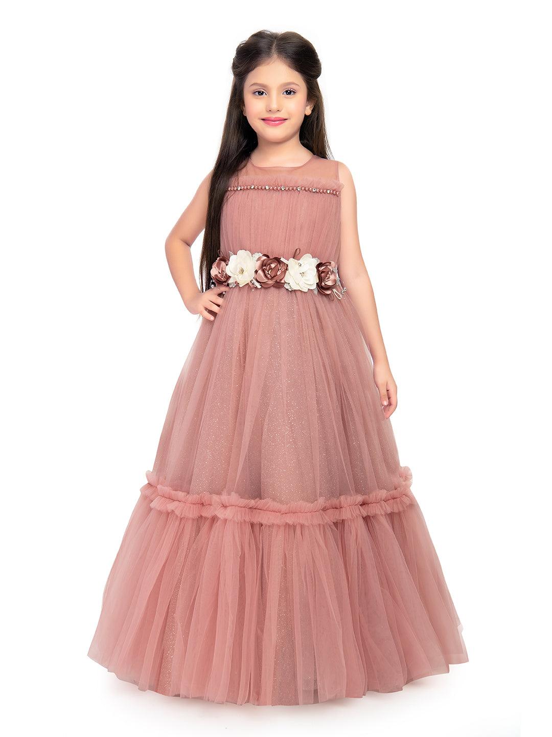 Coral Coloured Corsage Hand Work Imported Net Ruffle Ball Gown Style For Girls - Betty Ethnic India - Gown - Betty Girls Wear Online