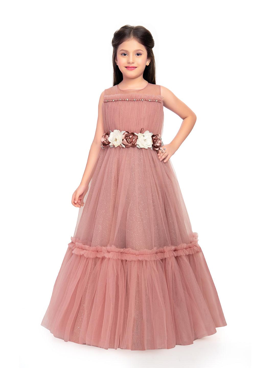 Coral Coloured Corsage Hand Work Imported Net Ruffle Ball Gown Style For Girls - Betty Ethnic India - Gown - Betty Girls Wear Online