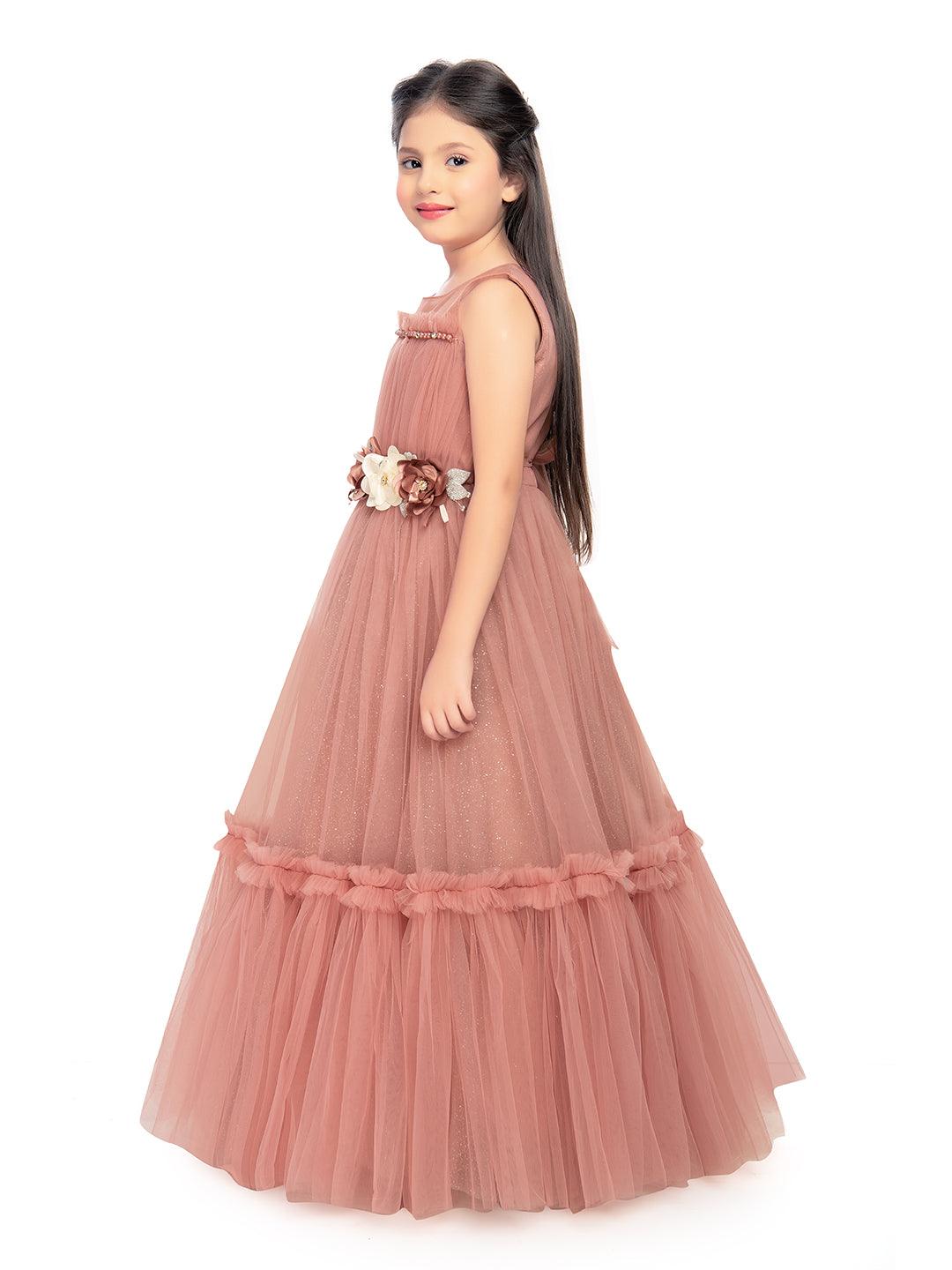 Coral Coloured Corsage Hand Work Imported Net Ruffle Ball Gown Style For Girls - Betty Ethnic India - Gown - Betty Girls Wear Online