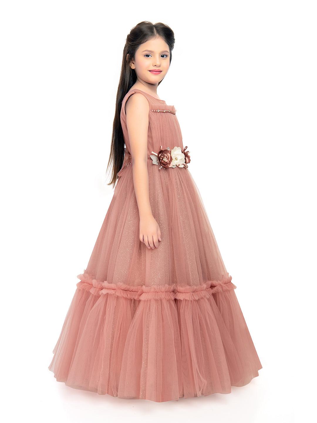 Coral Coloured Corsage Hand Work Imported Net Ruffle Ball Gown Style For Girls - Betty Ethnic India - Gown - Betty Girls Wear Online