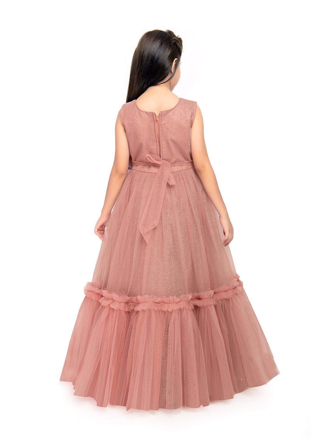 Coral Coloured Corsage Hand Work Imported Net Ruffle Ball Gown Style For Girls - Betty Ethnic India - Gown - Betty Girls Wear Online