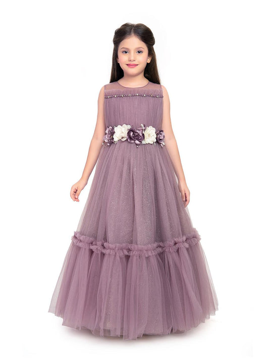 Lilac Coloured Corsage Hand Work Imported Net Ruffle Ball Gown Style For Girls - Betty Ethnic India - Gown - Betty Girls Wear Online