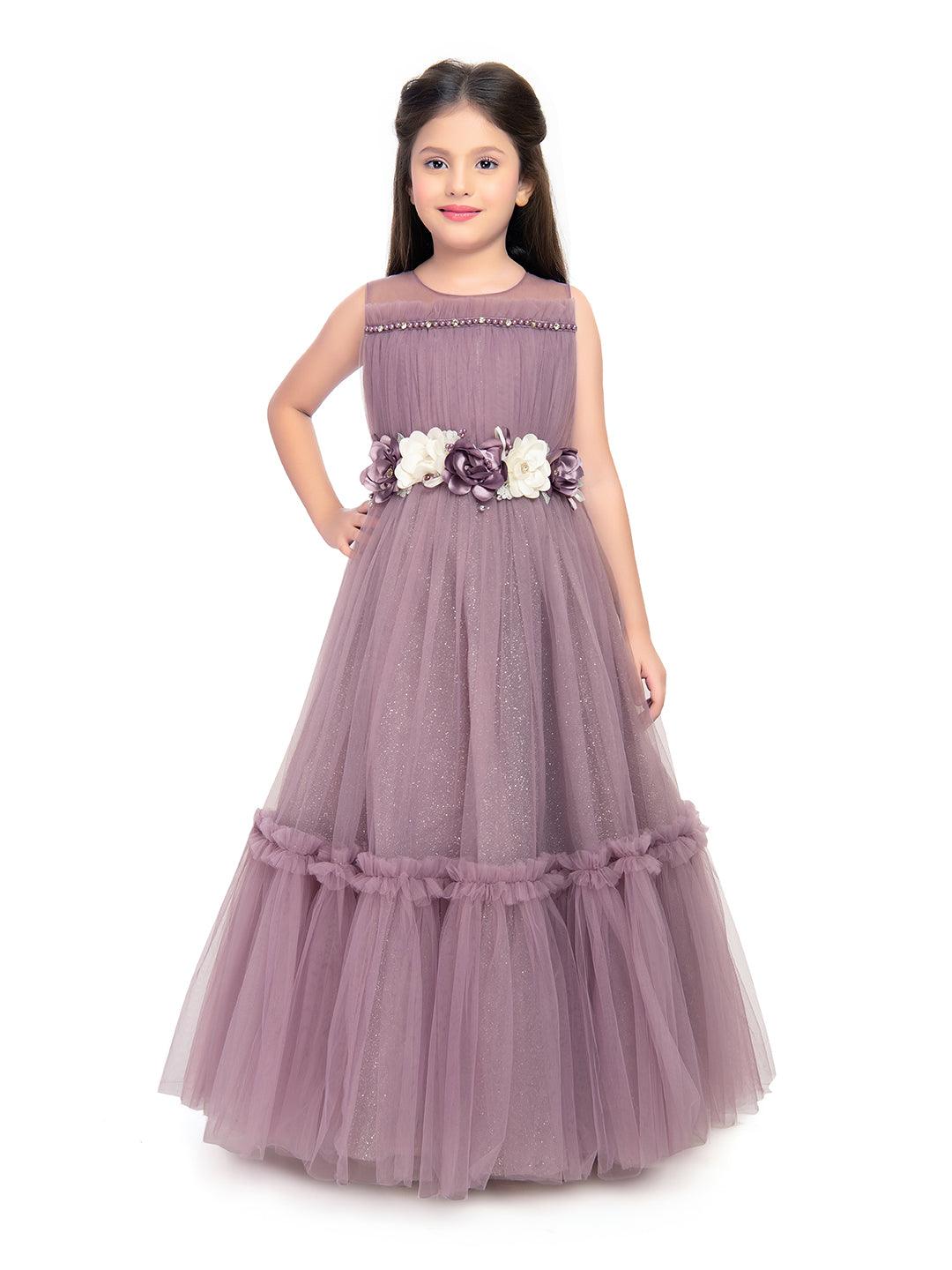 Lilac Coloured Corsage Hand Work Imported Net Ruffle Ball Gown Style For Girls - Betty Ethnic India - Gown - Betty Girls Wear Online