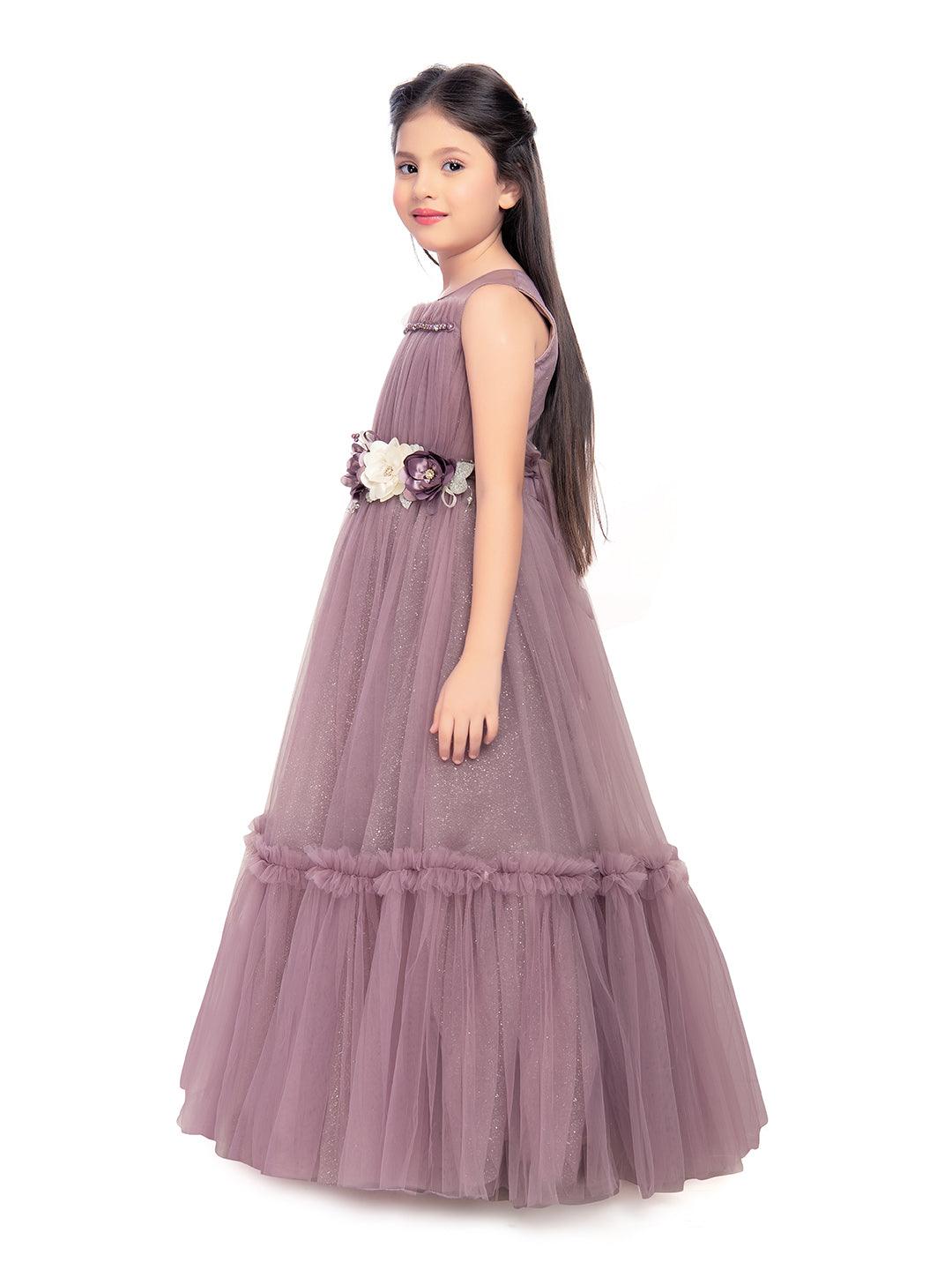 Lilac Coloured Corsage Hand Work Imported Net Ruffle Ball Gown Style For Girls - Betty Ethnic India - Gown - Betty Girls Wear Online