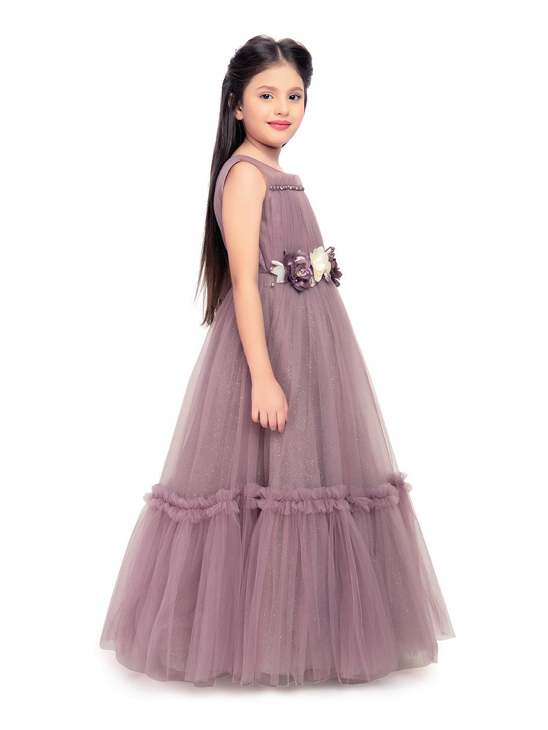 Lilac Coloured Corsage Hand Work Imported Net Ruffle Ball Gown Style For Girls - Betty Ethnic India - Gown - Betty Girls Wear Online