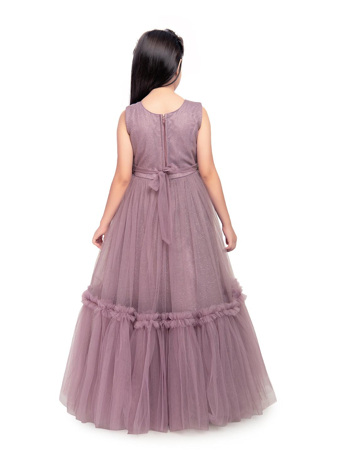 Lilac Coloured Corsage Hand Work Imported Net Ruffle Ball Gown Style For Girls - Betty Ethnic India - Gown - Betty Girls Wear Online