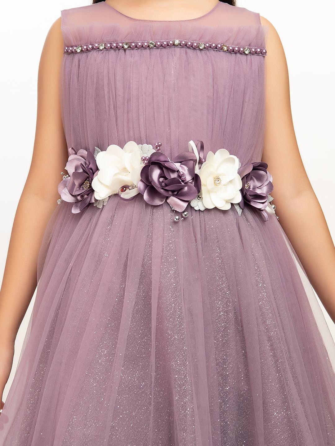 Lilac Coloured Corsage Hand Work Imported Net Ruffle Ball Gown Style For Girls - Betty Ethnic India - Gown - Betty Girls Wear Online