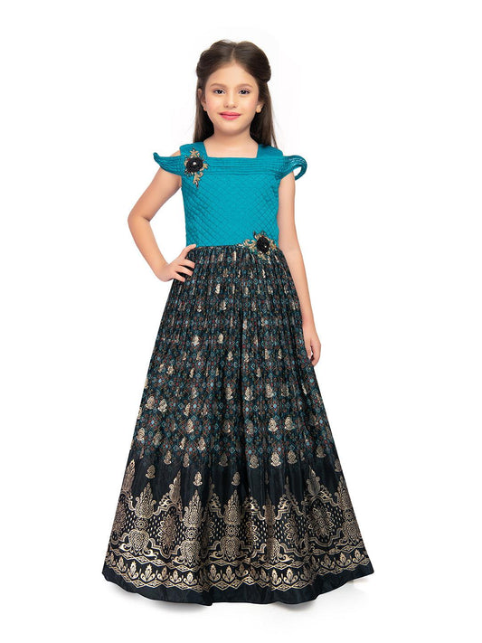 Firozi Coloured Wire Style Off Shoulder Design Gown For Girls - Betty Ethnic India - Gown - Betty Girls Wear Online