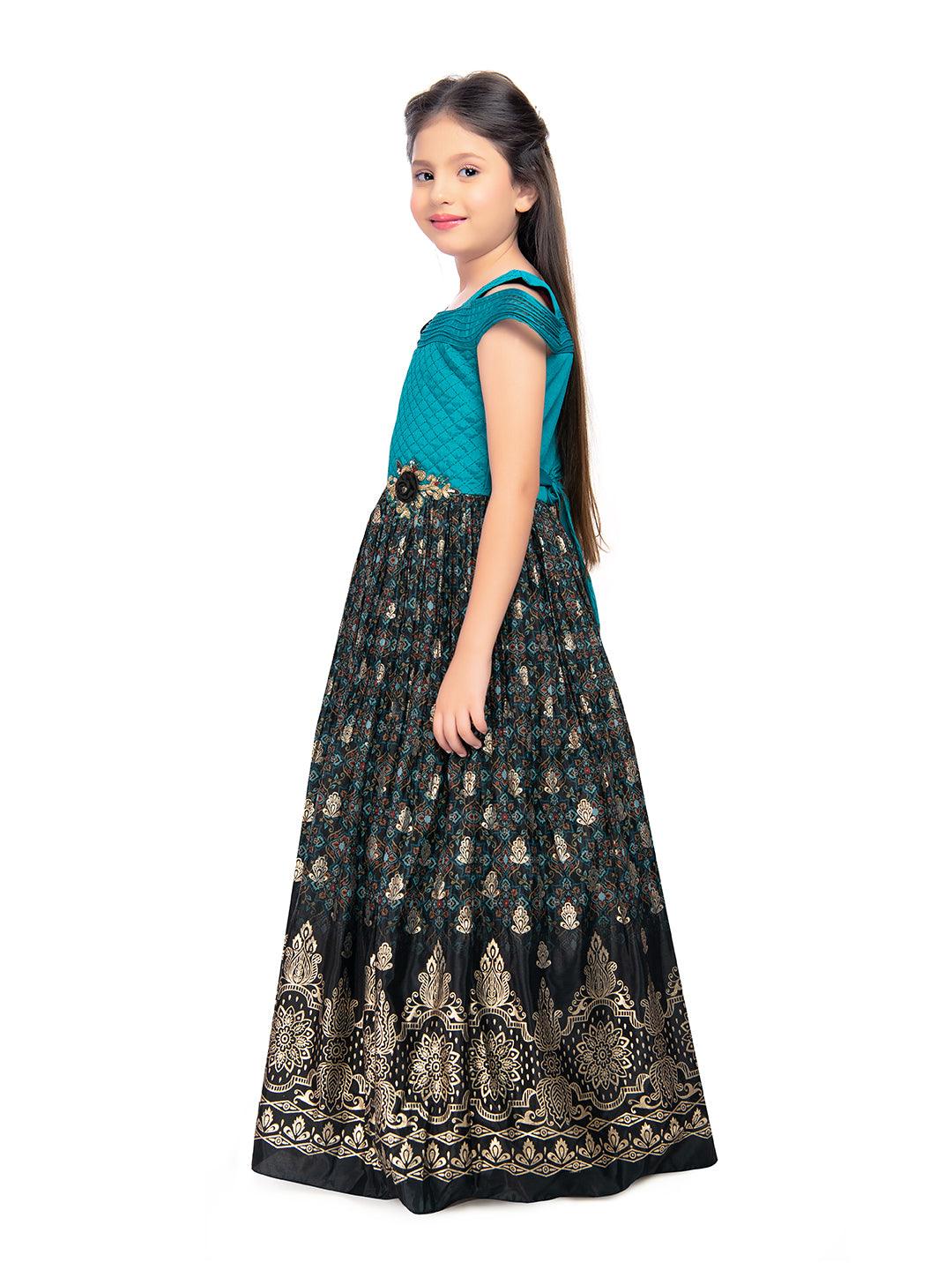 Firozi Coloured Wire Style Off Shoulder Design Gown For Girls - Betty Ethnic India - Gown - Betty Girls Wear Online