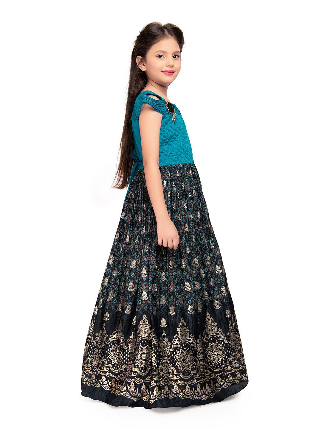 Firozi Coloured Wire Style Off Shoulder Design Gown For Girls - Betty Ethnic India - Gown - Betty Girls Wear Online