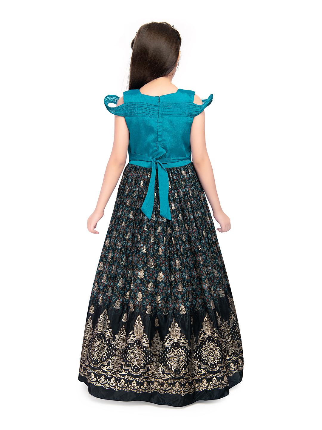 Firozi Coloured Wire Style Off Shoulder Design Gown For Girls - Betty Ethnic India - Gown - Betty Girls Wear Online