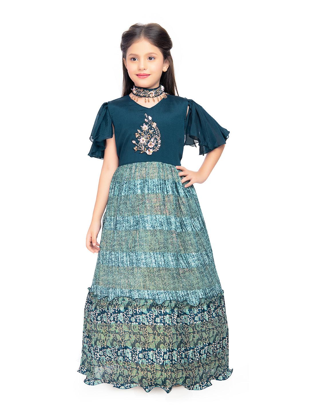 Blue Coloured Ethnic Motifs Printed Ethnic Gown with Separate Necklace Trendy Style For Girls - Betty Ethnic India - Gown - Betty Girls Wear Online