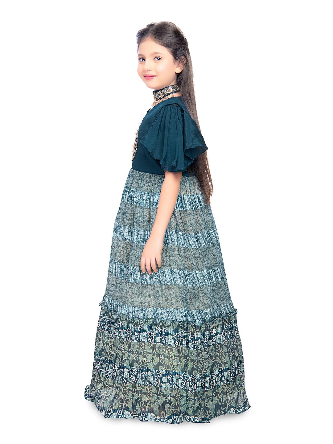 Blue Coloured Ethnic Motifs Printed Ethnic Gown with Separate Necklace Trendy Style For Girls - Betty Ethnic India - Gown - Betty Girls Wear Online