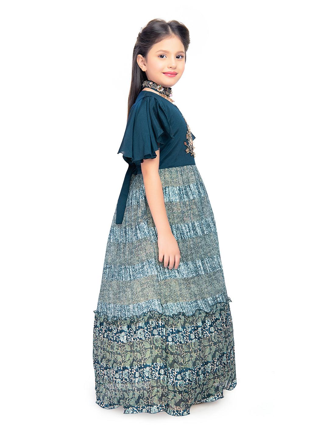 Blue Coloured Ethnic Motifs Printed Ethnic Gown with Separate Necklace Trendy Style For Girls - Betty Ethnic India - Gown - Betty Girls Wear Online