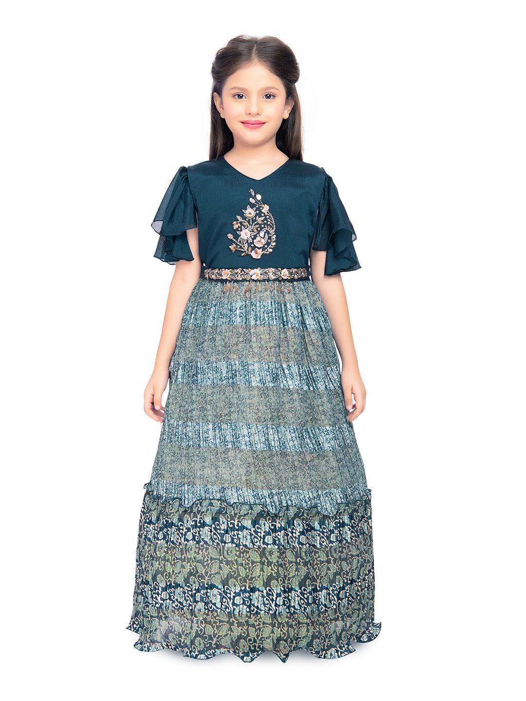 Blue Coloured Ethnic Motifs Printed Ethnic Gown with Separate Necklace Trendy Style For Girls - Betty Ethnic India - Gown - Betty Girls Wear Online