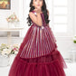 Betty Maroon Striped Sleeveless Gown with Floral Appliqué – Girls' Party Dress (5–15 Years)