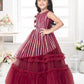 Betty Maroon Striped Sleeveless Gown with Floral Appliqué – Girls' Party Dress (5–15 Years)