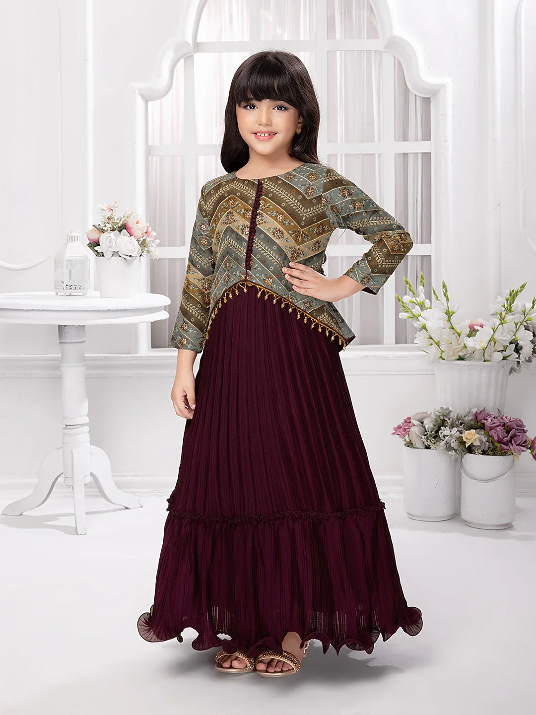 Betty Maroon Printed Jacket Style Gown for Girls – Festive Ethnic Dress