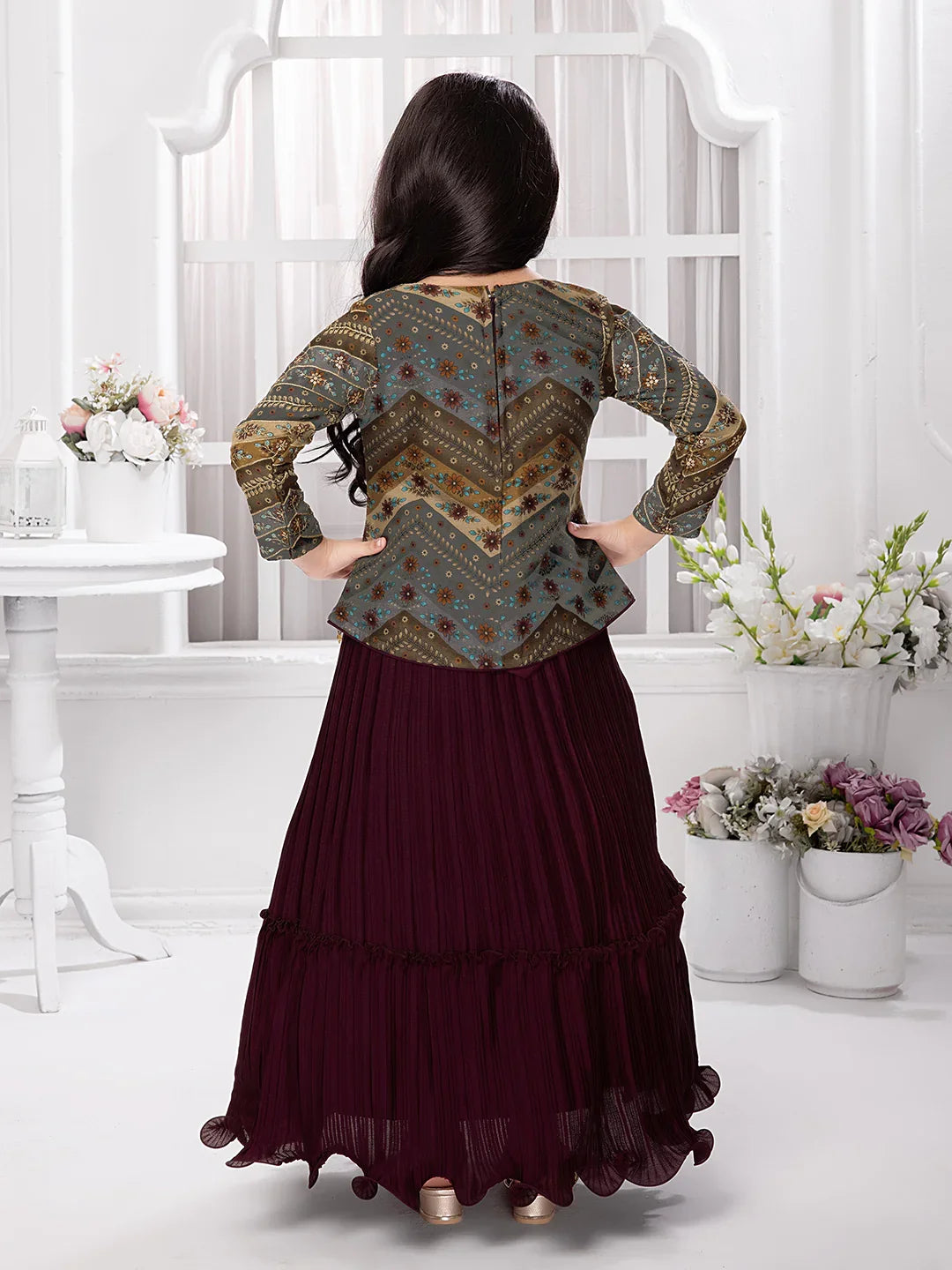 Betty Maroon Printed Jacket Style Gown for Girls – Festive Ethnic Dress