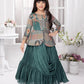 Betty Girls’ Green Ethnic Printed Flared Gown with Drape – Festive Wear.