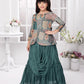 Betty Girls’ Green Ethnic Printed Flared Gown with Drape – Festive Wear.
