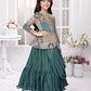Betty Girls’ Green Ethnic Printed Flared Gown with Drape – Festive Wear.